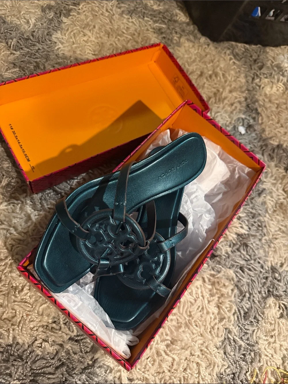 Tory Burch Teal Leather Logo Mid-Heel Mules